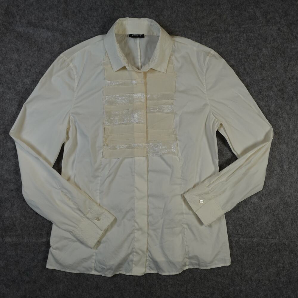 Akris Top Womens 6 Ruffle Front Placed Scarf Button Up White Long Sleeve Office